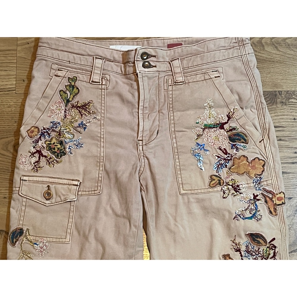 Anthropologie The Wanderer Pants Women 26 Tan Floral Embroidered Utility Boho - Picture 3 of 14